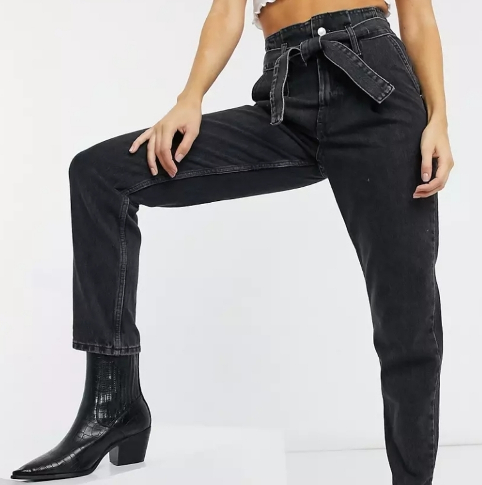 Topshop paperbag waist Mom jeans in washed black